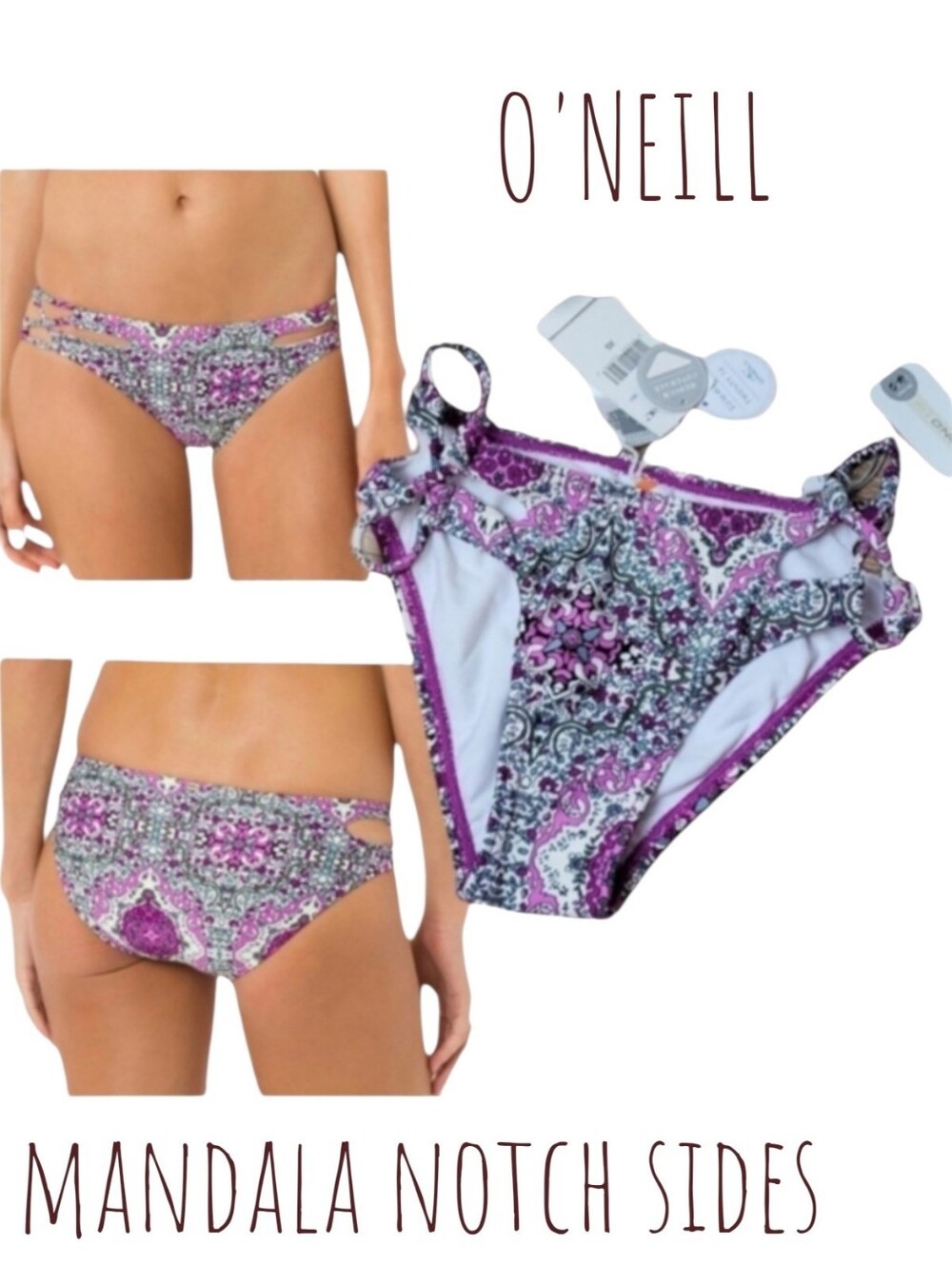 O'NEILL Women's bikini bottoms MAUVE mult color mandala notch sides swimwear XS